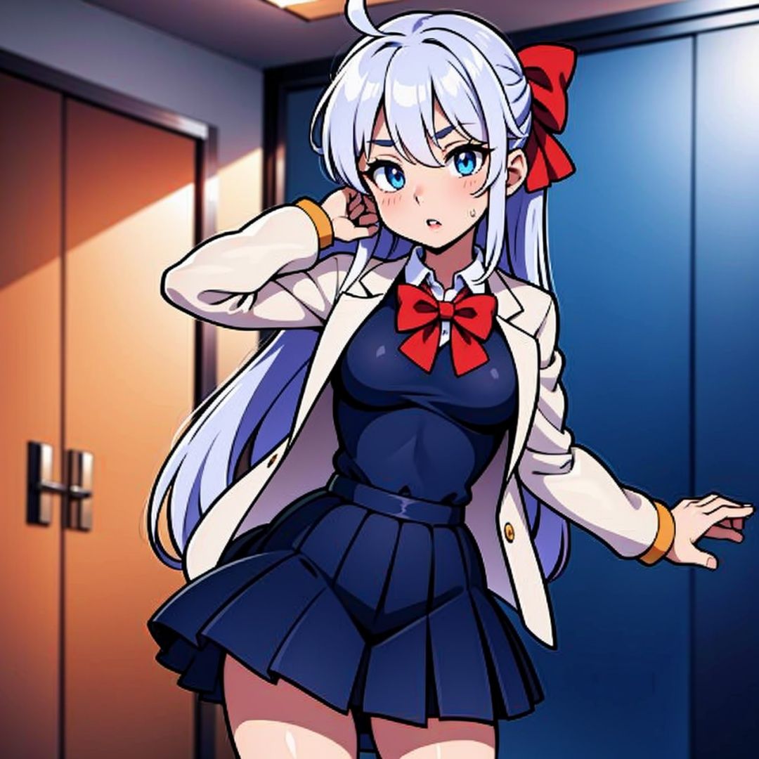 Arya, 1girl, solo, long hair, blue eyes, ahoge, bow, looking at viewer, red bow, jacket, bowtie, long sleeves, breasts, shirt, open jacket, red bowtie, door, cowboy shot, collared shirt, indoors, school uniform, white hair, standing, open clothes, skirt, bangs, dress, grey jacket, black dress, blush, pleated skirt, parted lips, medium breasts, pleated dress, white shirt, hair between eyes, white jacket, hand up, blazer, black skirt, thighs, open door, hallway,girl,ANIME