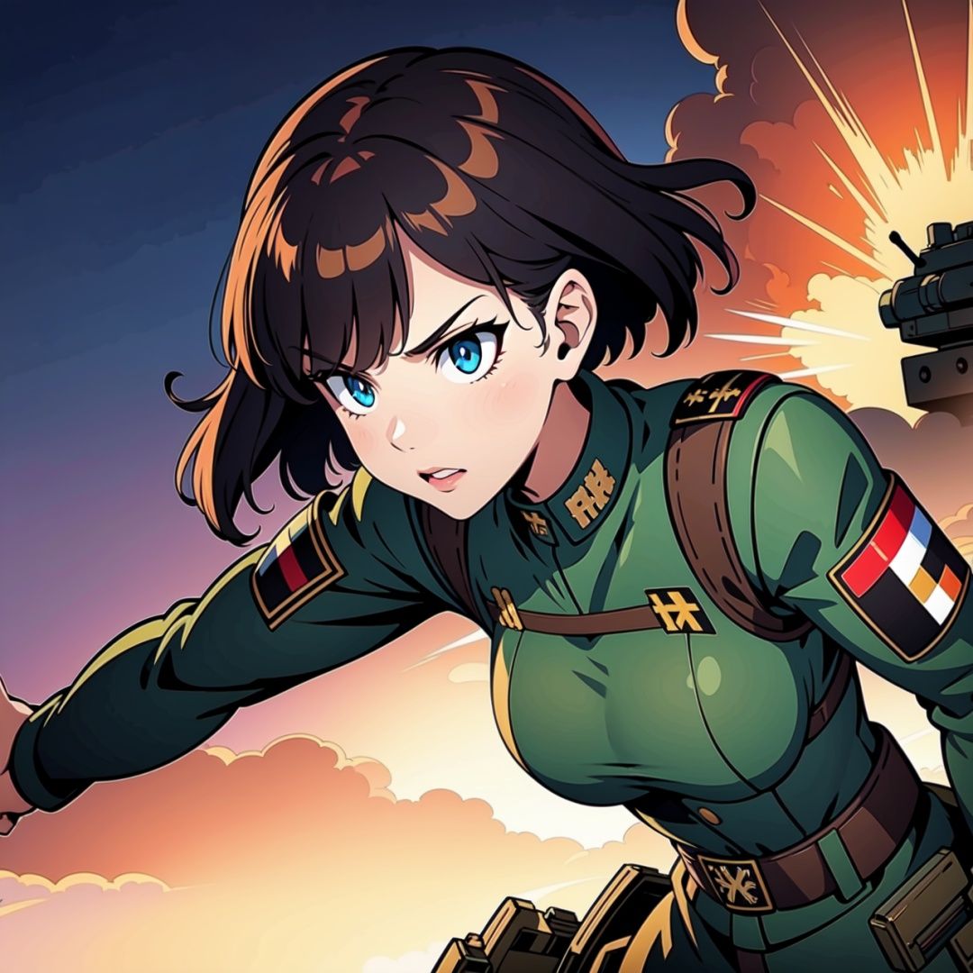 (military uniform Germany,girl,armored commander),detailed eyes, detailed lips, intense gaze, confident expression, strong posture, military background, ****, rugged terrain, dust and smoke, dynamic action, realistic rendering, high quality, vivid colors, dramatic lighting
