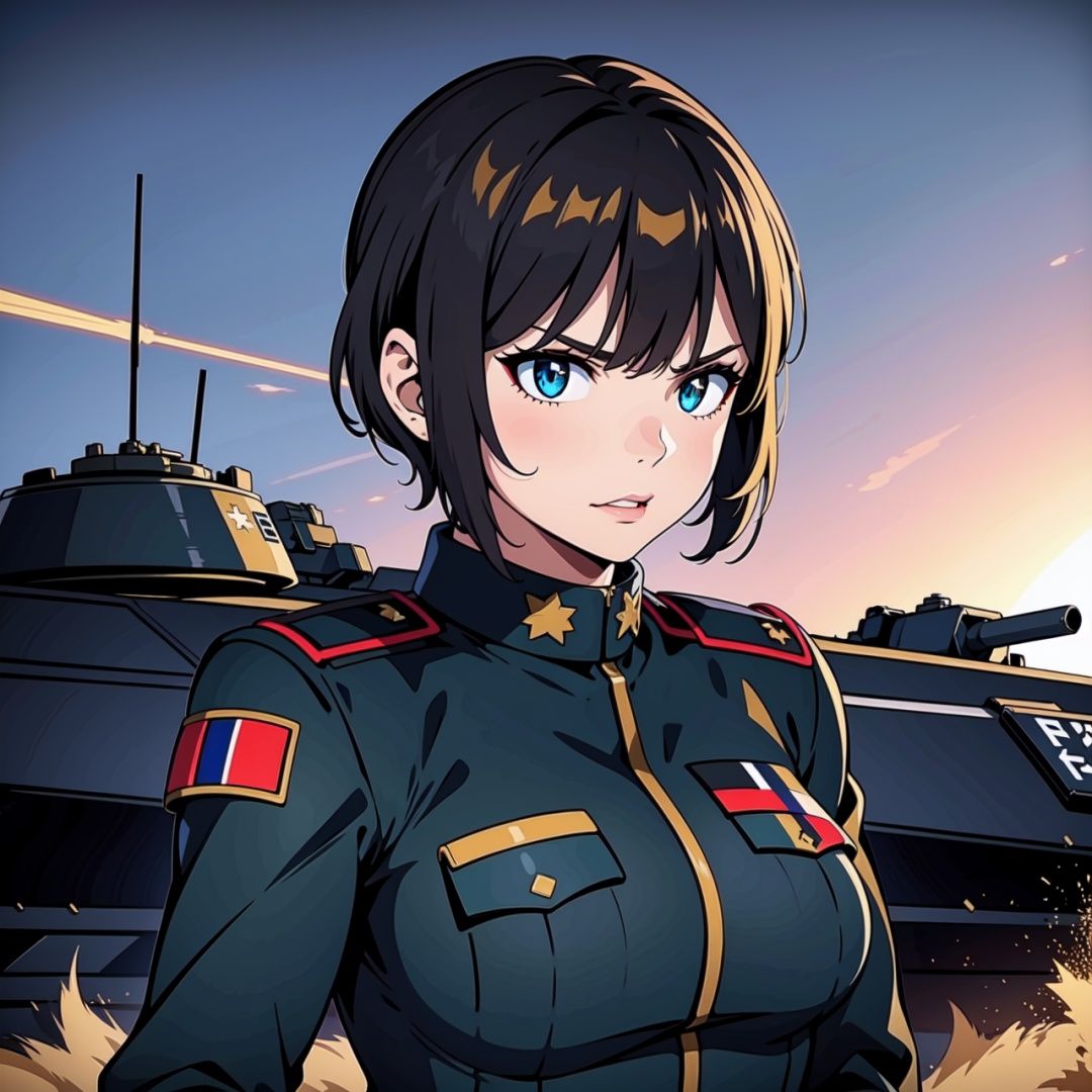 (military black uniform Germany,girl,armored commander),detailed eyes, detailed lips, intense gaze, confident expression, strong posture, military background, ****, rugged terrain, dust and smoke, dynamic action, realistic rendering, high quality, vivid colors, dramatic lighting