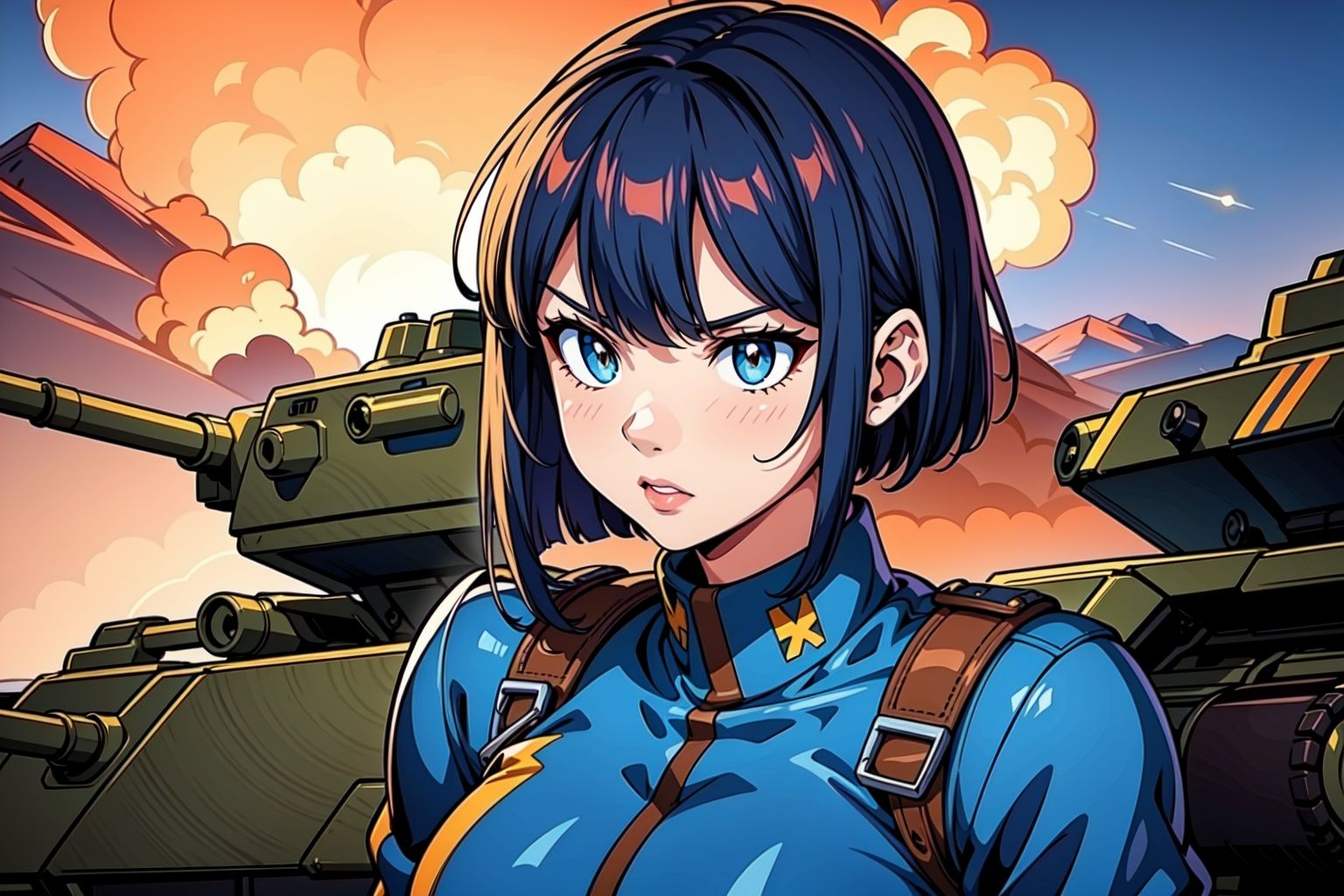 A girl in a military blue uniform standing next to a ****,  with beautiful detailed eyes,  lips on Tensor.Art