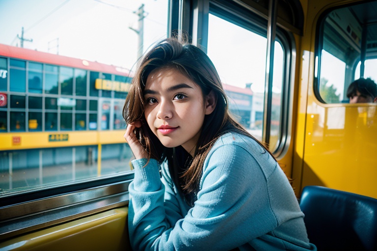 Editorial Photography of a strong famale cosmonaut ((19 year old)) sitting in front of a train window to space,  looking a...