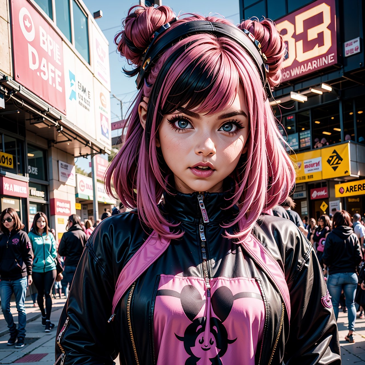 araffe girl with pink hair and a crown on her head,  dressed in punk clothing,  dressed in crustpunk clothing on Tensor.Art