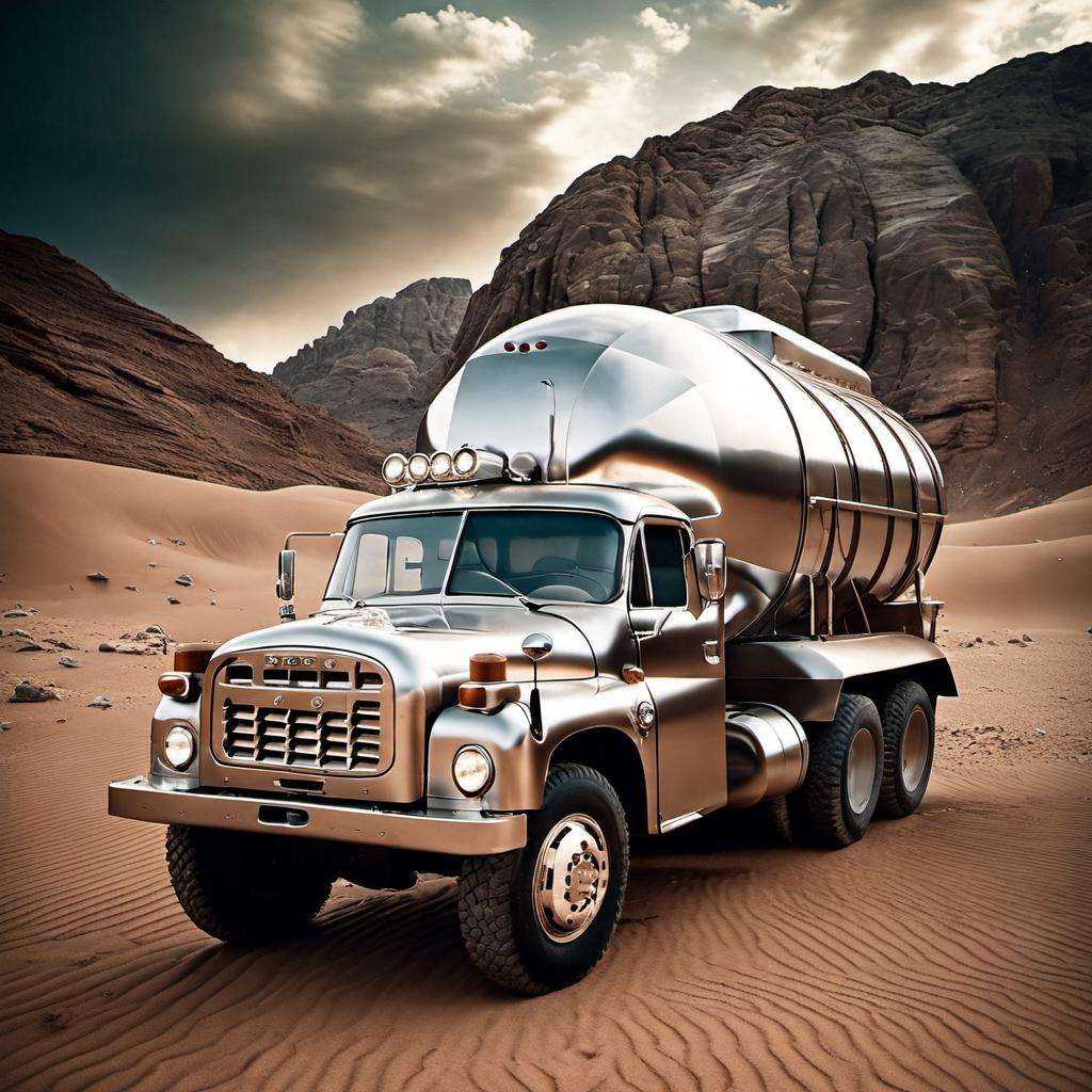 cinematic photo analog film photo scifi( shiny chrome metallic truck:1.1), strormy clouds, cinematic, mist, volumetric lights shiny, dusty sand new, dynamic view, mars desert landscape, detailed, rocks, mars desert <lora:Tatra148-SDXL-b:1> . faded film, desaturated, 35mm photo, grainy, vignette, vintage, Kodachrome, Lomography, stained, highly detailed, found footage . 35mm photograph, film, bokeh, professional, 4k, highly detailed
