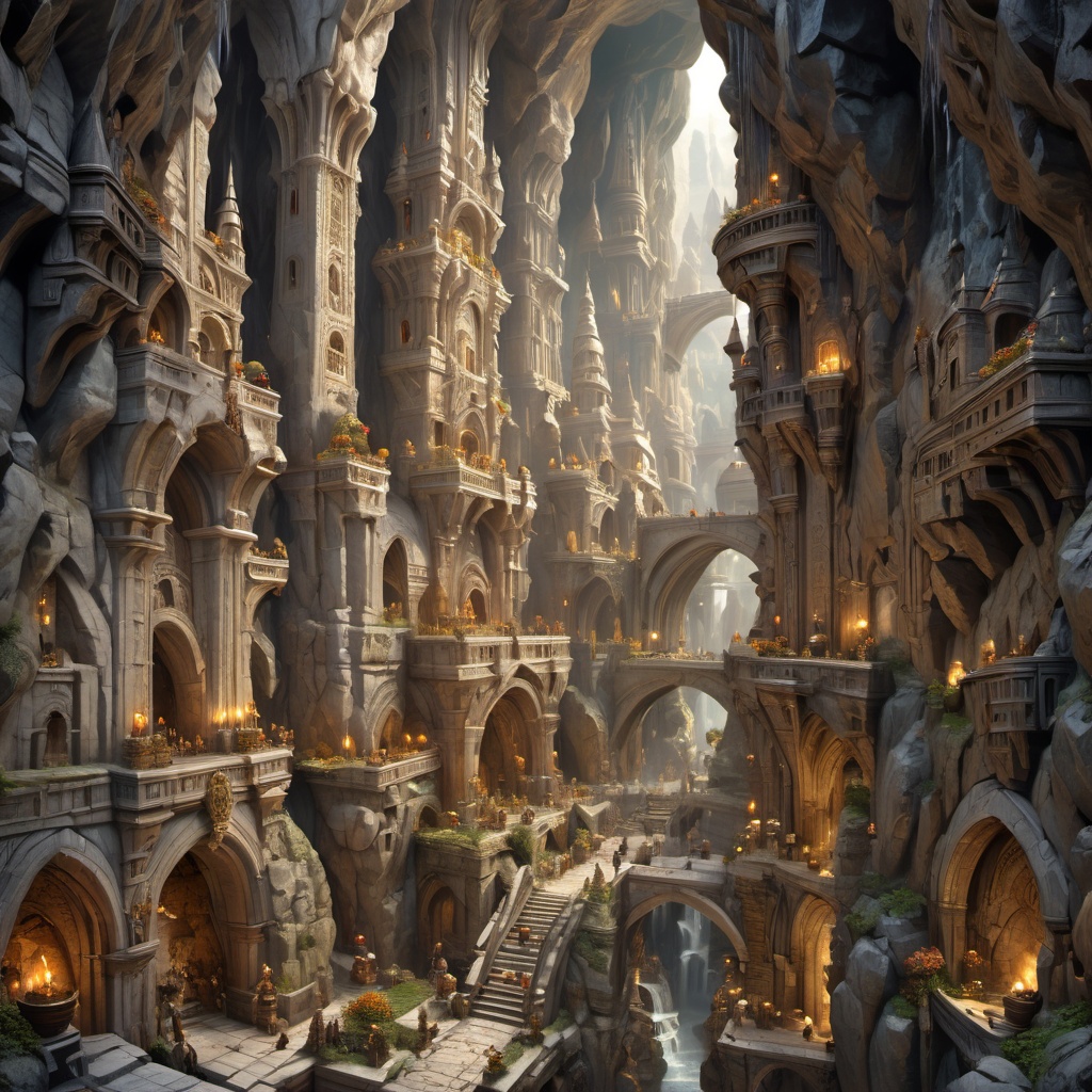 (Baroque painting),  busy white marble fantasy city hewn from marble divided into many levels and towers,  dwarves on Tens...