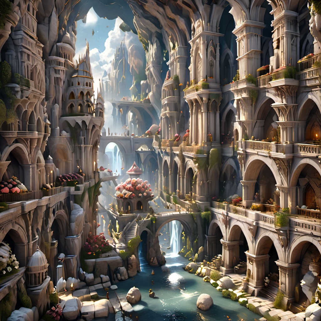 (Baroque painting),  busy white marble fantasy city hewn from marble divided into many levels and towers,  dwarves on Tens...