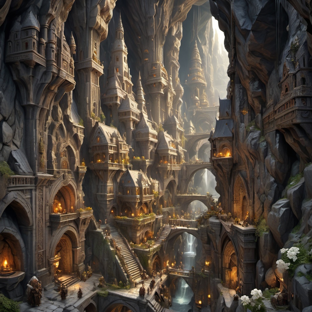 (Baroque painting),  busy white marble fantasy city hewn from marble divided into many levels and towers,  dwarves on Tens...