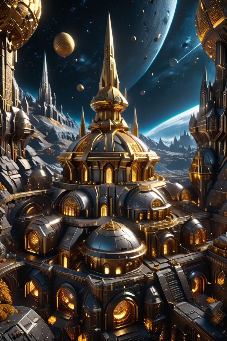 A metalcraft futuristic Dwarven city carved into a gold and silver astroid and gold & silver stars in the background ,  Ev...