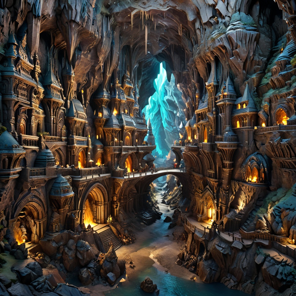 A folded stone dwaren city,  sculpted from stones in a stone cave and stone carving on the walls,  Everything is detailedl...