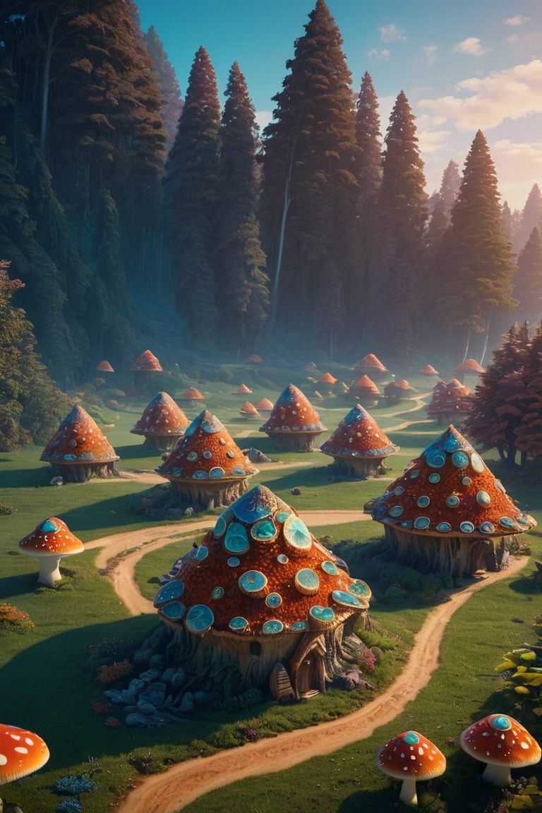  An intricate village made of psychedelic mushrooms, art by Greg Rutkowsk, 3D render