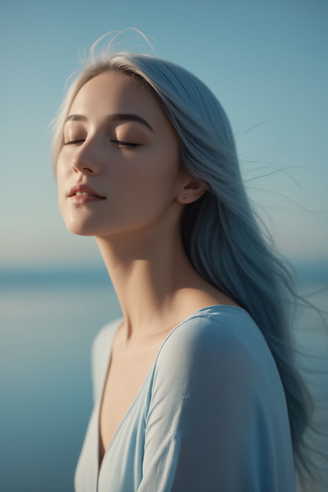  cinematic film still 1girl,closed eyes,light blue,Straight hair,long hair,light cream,upper body,light simple background,looking at viewer,bluntbangs,, . shallow depth of field, vignette, highly detailed, high budget, bokeh, cinemascope, moody, epic, gorgeous, film grain, grainy