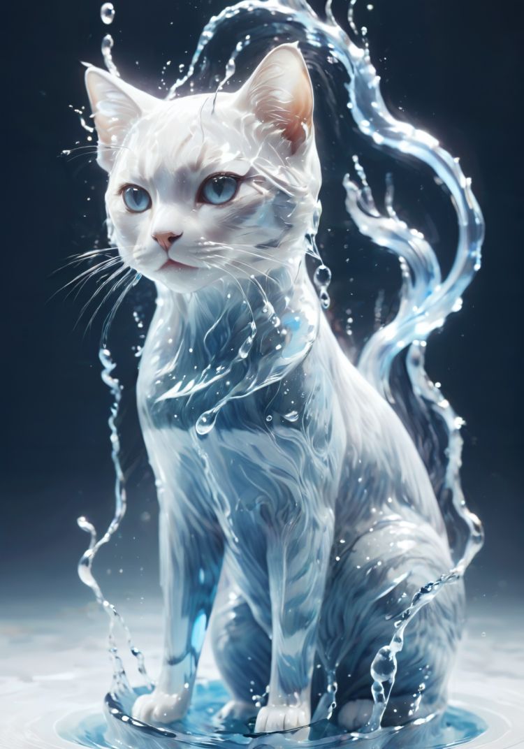 (Masterpiece, high quality, best quality, official art, beauty and aesthetics:1.2),<lora:xl-shanbailing-水元素1011waterV20:0.85>,water element,a cat made of water,water,(cat:1.2),