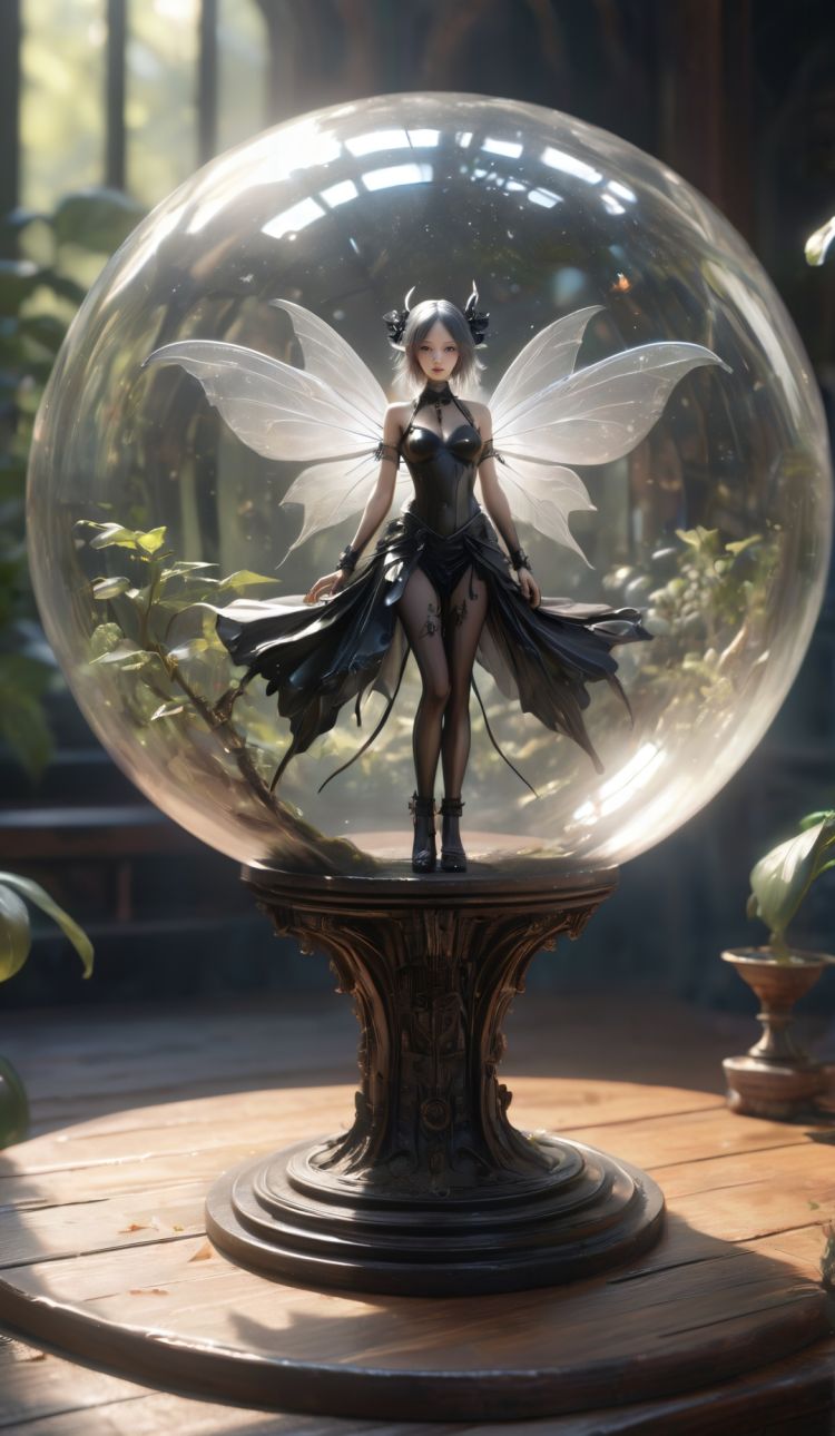 ((intricate details, hyperdetailed)),RAW,F/x 1,photorealistic,Hyper-realism,ambient occlusion,light defraction,depth of field,3D,hdr,8k,raytracing,realistic shadow,volumetric light,bloom,(Large Tall sealed glass spherical biosphere with ((goth fairy)) wearing tattered black bikini armor,symmetrical black wings),(miniature figure),fairy inside spherical biosphere,sitting on a beautiful old polished wooden desk,rustic office background,wood,brass,realistic glass,scattered adventurers gear,amber dim lighting,best quality,beautiful composition,concept art,masterpiece,intricate,octane render,award winning photograph,trending on artstation,unreal engine 5,original,