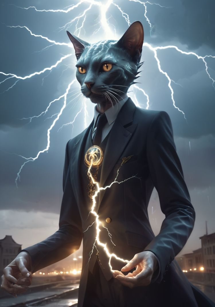 surrealism,Cthulhu,cat,(detailed light),((lightning in hand)),lightning surrounds,(((lightning chain))),