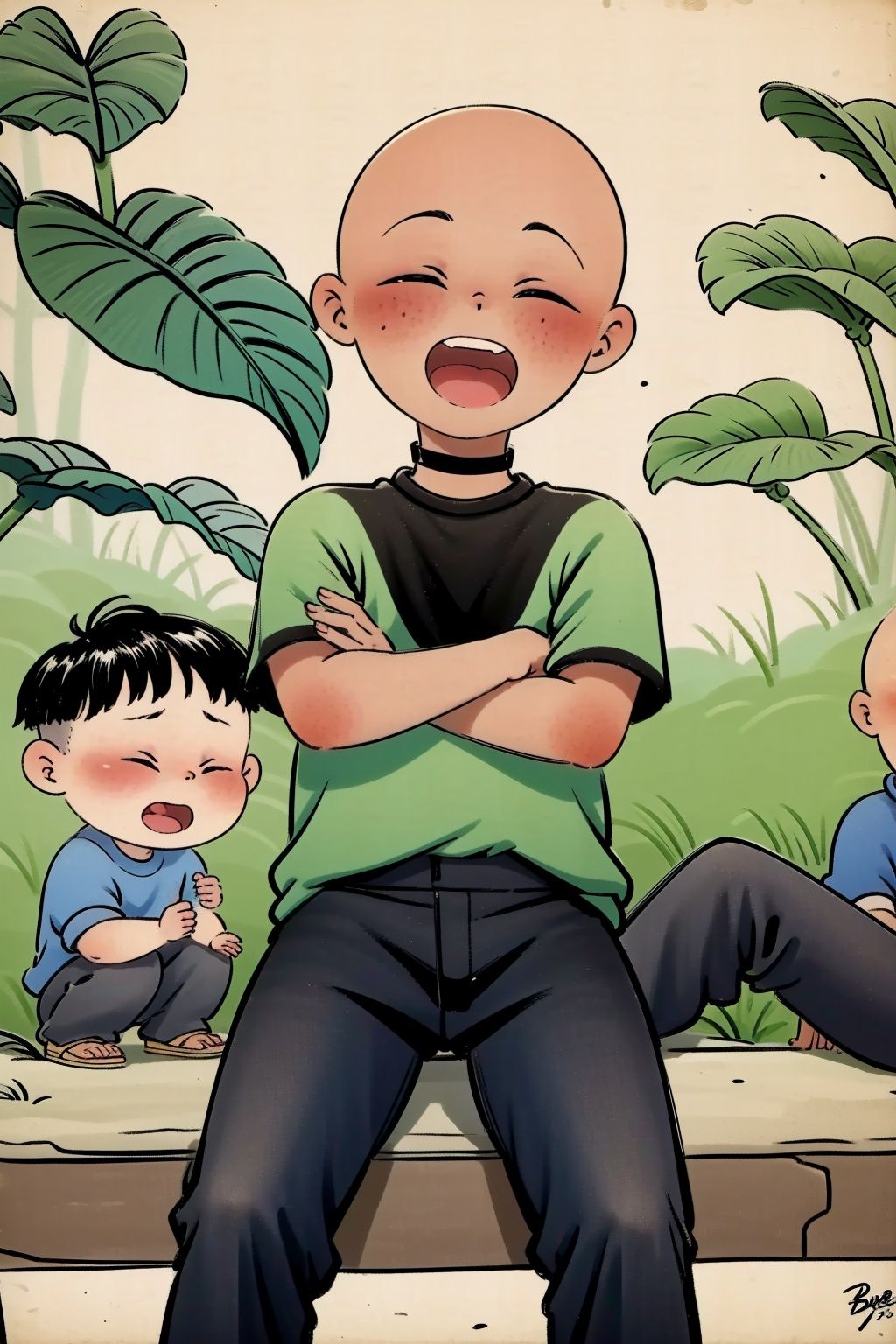 <lora:yingye_20231021100316:1>,yingye, multiple boys, 3boys, male focus, black hair, leaf, bald, blush, open mouth, smile, bug, pants, closed eyes, plant