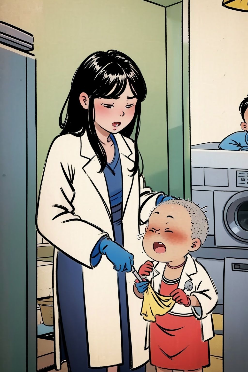 <lora:yingye_20231021100316:1>,yingye,old,multiple boys,doctor,old man,labcoat,black hair,multiple girls,child,gloves,laundry,1girl,family,