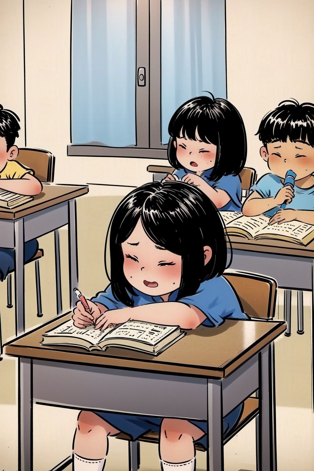 <lora:yingye_20231021100316:1>,yingye,sleeping,multiple boys,curtains,desk,shirt,indoors,window,closed eyes,black hair,1girl,dress,short hair,sitting,book,4boys,3boys,blue shirt,smile,yellow dress,child,eraser,short sleeves,pencil,chair,blush,classroom,white shirt,drooling,school desk,bangs,socks,pencil case,heart,table,notebook,open book,