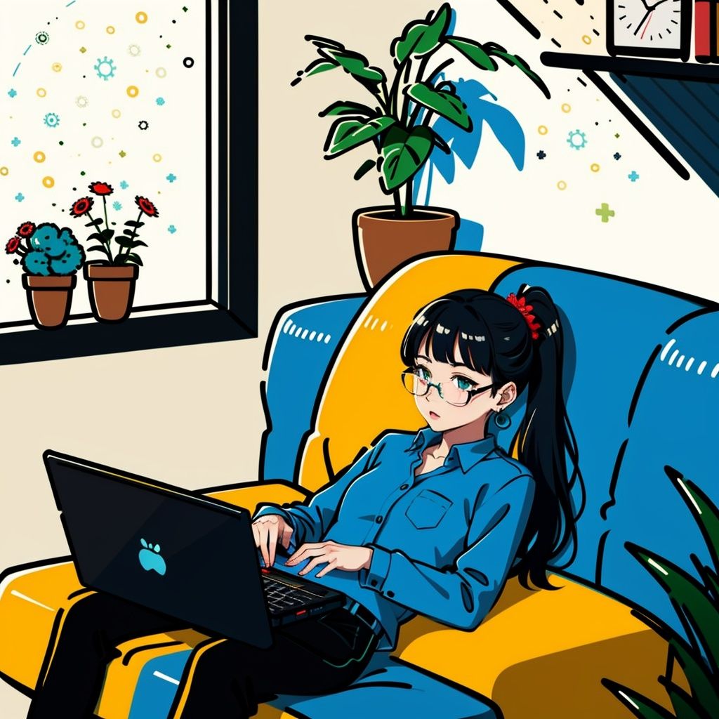 <lora:chahua_20230605230944:1>,best quality,masterpiece,Flat,1girl,black cat,black hair,ponytail,cat,black pants,glasses,jewelry,flower,couch,pants,earrings,clock,plant,book,solo,long sleeves,shirt,lying,blue shirt,red flower,potted plant,indoors,laptop,aqua shirt,holding,shadow,<lora:Flat_20231016103615-08:0.8>,