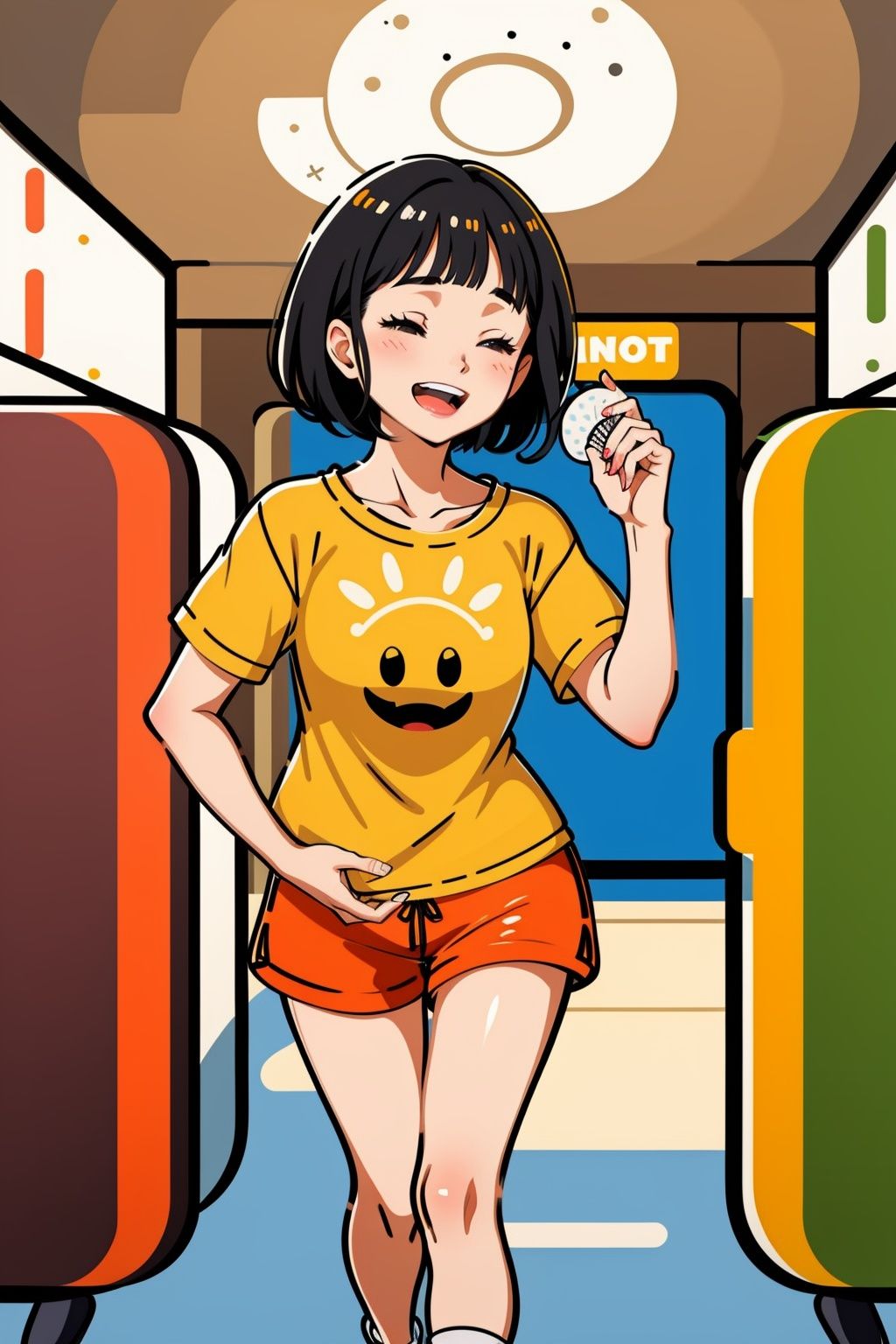 electric fan,1girl,black hair,shorts,closed eyes,blush,indoors,white footwear,shirt,open mouth,smile,solo,orange shirt,white shorts,socks,shoes,polka dot,holding,short sleeves,<lora:chahua_20230605230944:1>,