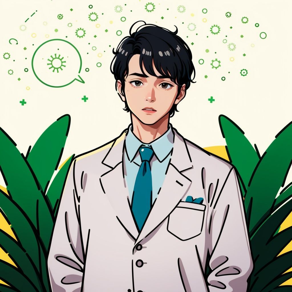 <lora:chahua_20230605230944:1>,best quality,masterpiece,Flat,labcoat,doctor,multiple boys,male focus,black hair,plant,2boys,speech bubble,yellow necktie,necktie,
