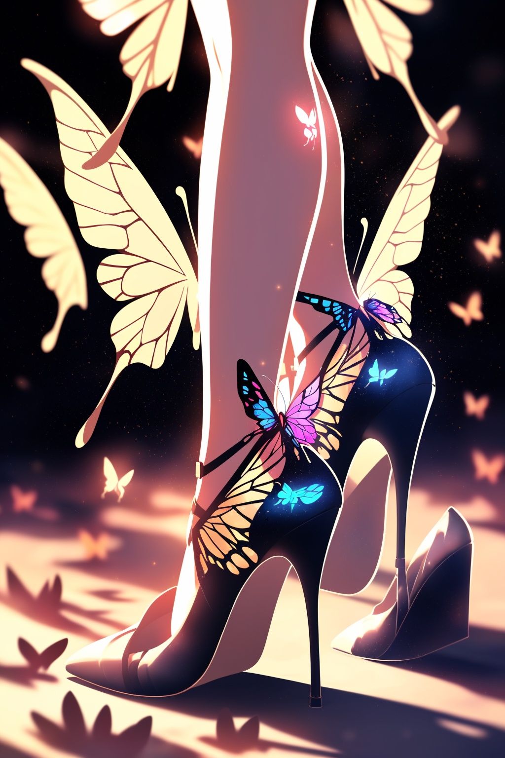 shuijingxie, high heels, solo, 1girl, blurry, shadow, legs, wings, strappy heels, light particles, butterfly wings, blurry background, depth of field, stiletto heels, lower body, gem