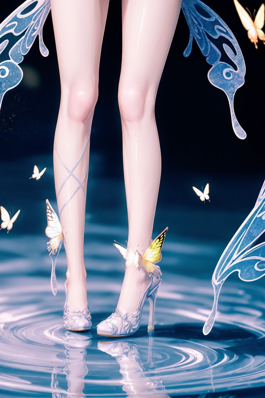 shuijingxie, 1girl, reflection, solo, high heels, blurry, wings, legs, depth of field, standing, lower body, butterfly wings, blurry background, shoes, water, close-up, bare legs