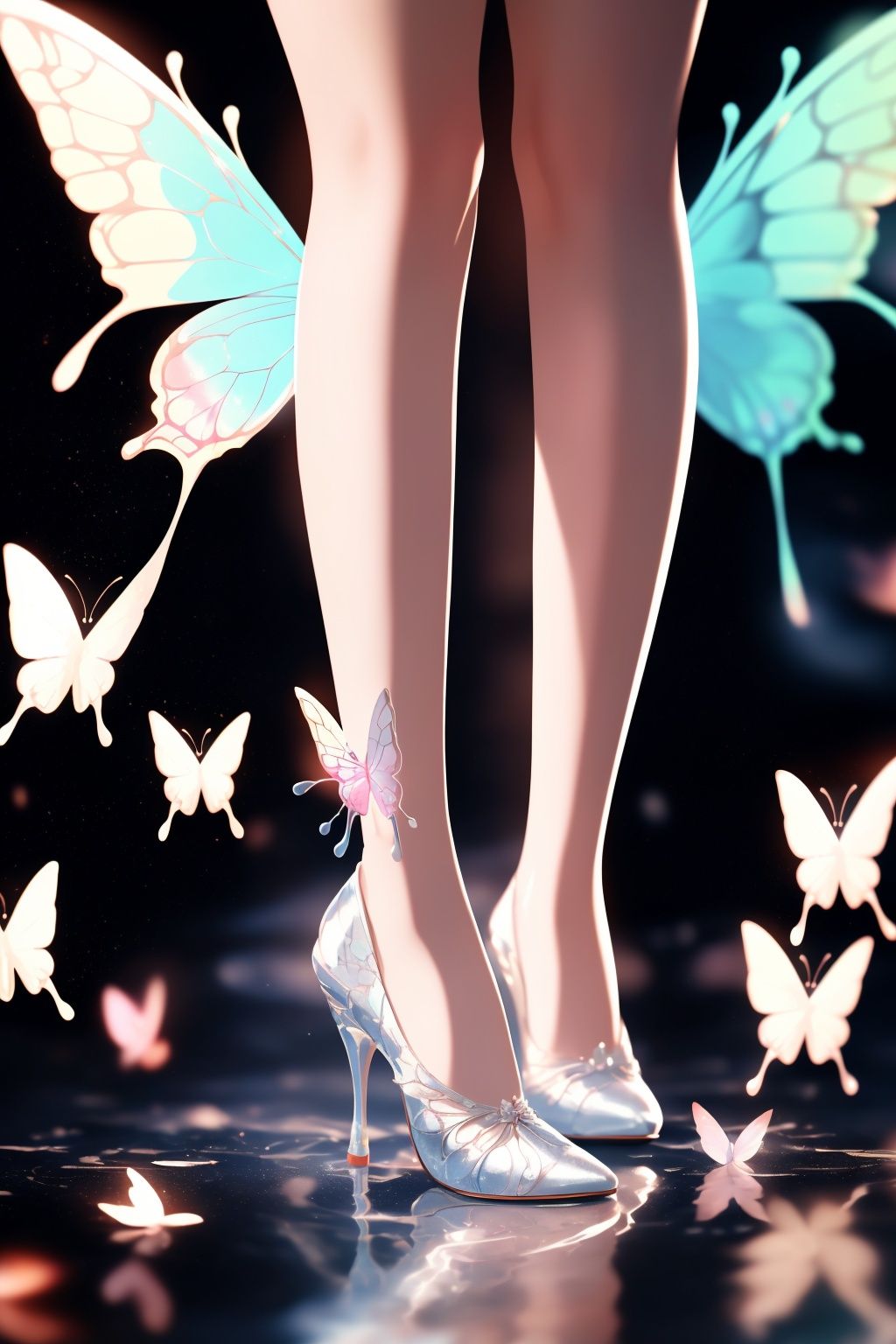 shuijingxie, 1girl, reflection, solo, high heels, blurry, wings, legs, depth of field, standing, lower body, butterfly wings, blurry background, shoes, water, close-up, bare legs