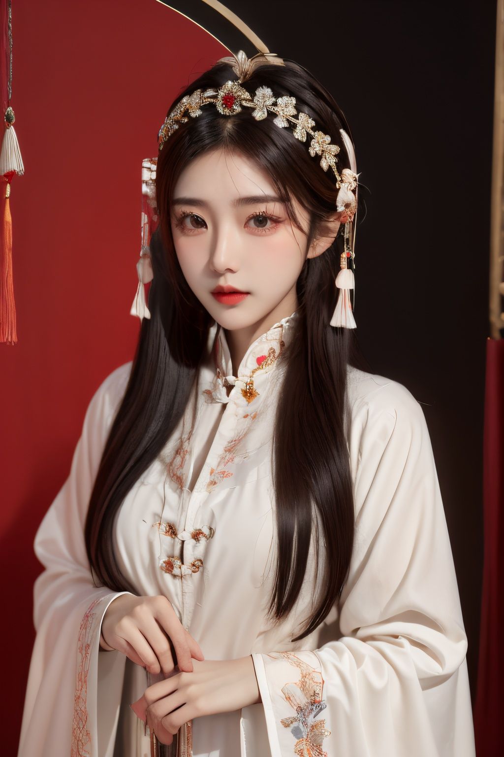  moyou,1girl,solo,long hair,black hair,jewelry,hair ornament,long sleeves,red background,upper body,looking at viewer,lips,flower,chinese clothes,realistic,headdress,traditional clothes,red lips,closed mouth, chinese_opera_jing