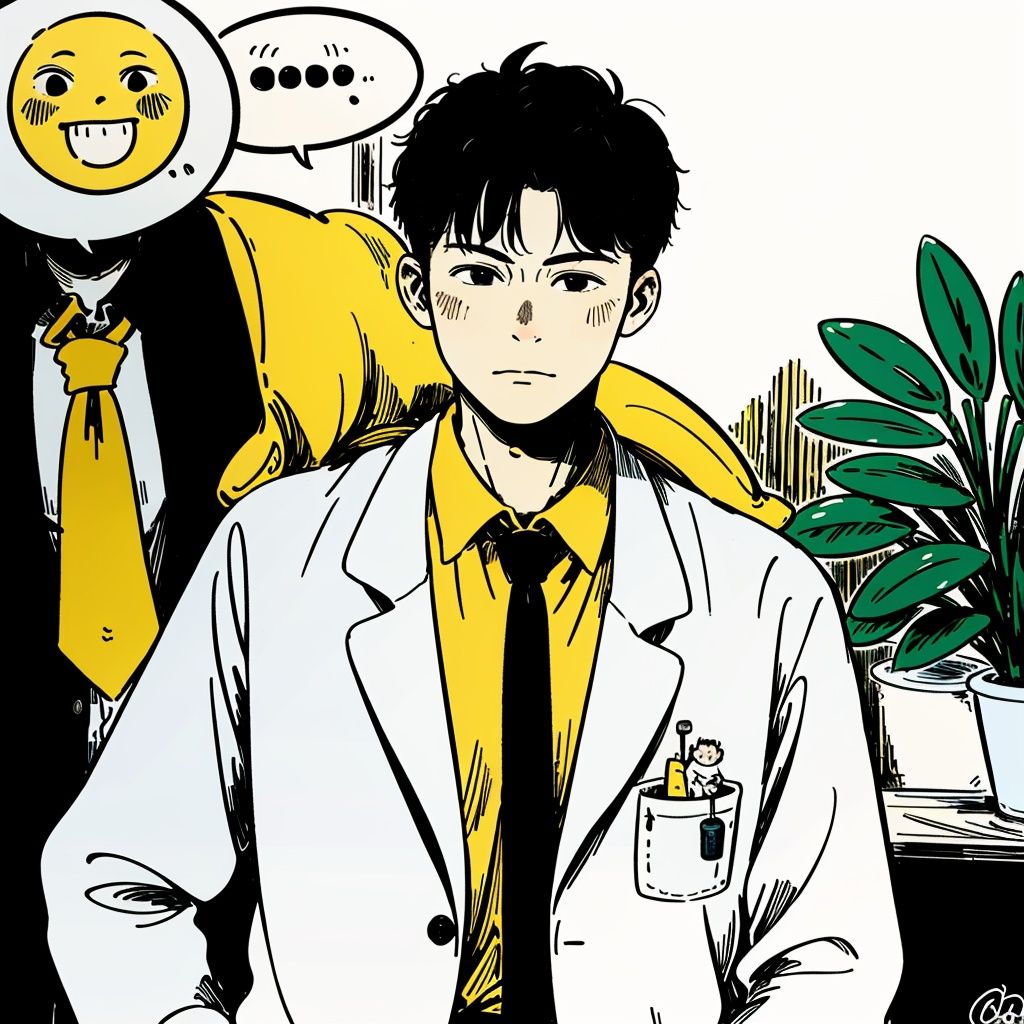 best quality,masterpiece,Flat,labcoat,doctor,multiple boys,male focus,black hair,plant,2boys,speech bubble,yellow necktie,necktie,<lora:chahua_20230619104023:0.85>,chahua,