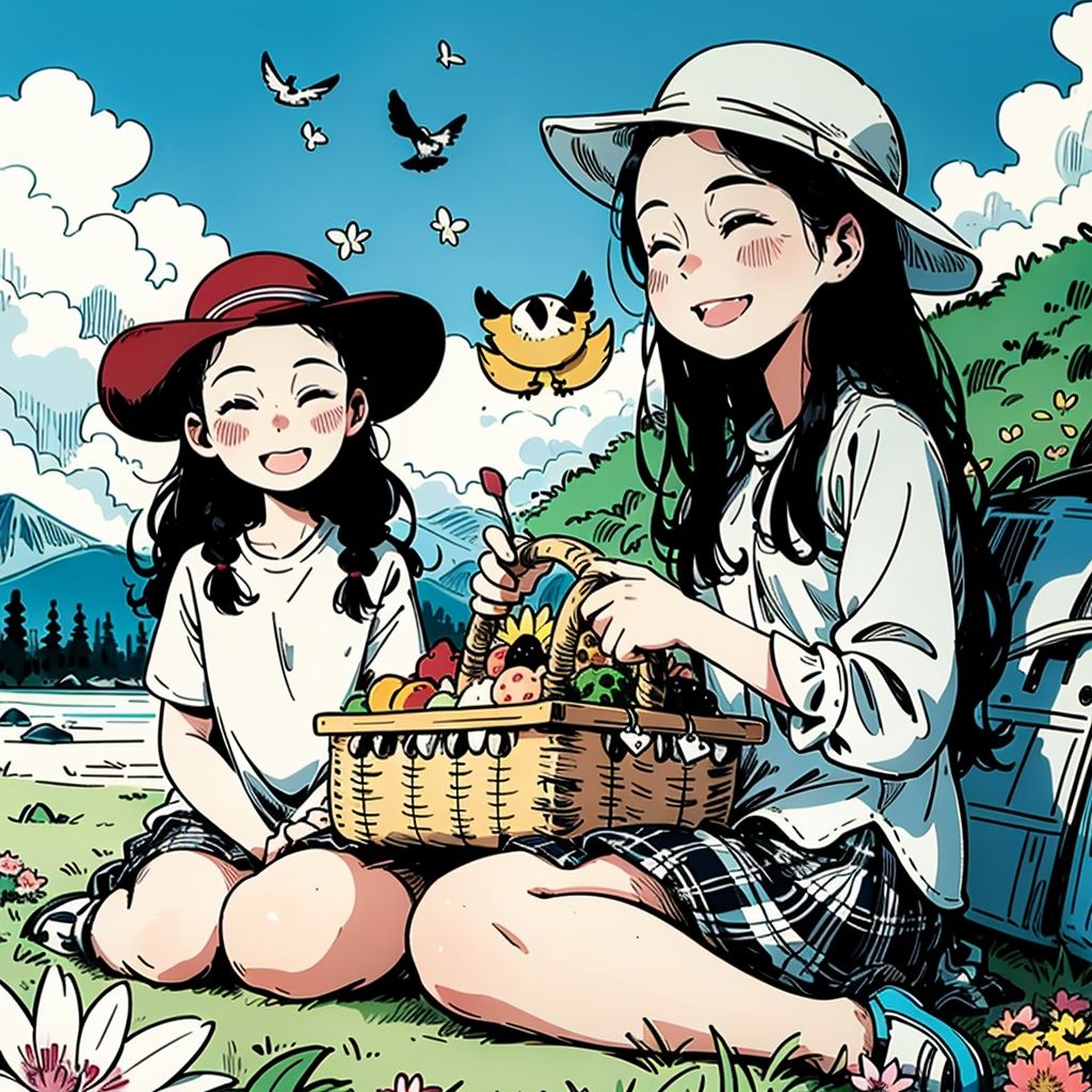 chahua, picnic, 2girls, outdoors, hat, black hair, food, tree, open mouth, grass, shirt, sky, smile, closed eyes, white headwear, flower, cloud, sitting, long hair, holding, blush, blurry foreground, spoon, blurry, mountainous horizon, blue sky, plaid shirt, day, fruit, petals, mountain, picnic basket, hair ornament, feeding, white shirt, bird<lora:chahua_v1-000012:1>,<lora:chahua_20230619104023:0.9>,chahua,