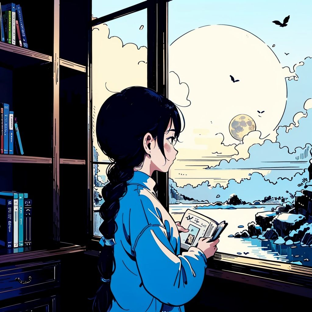 best quality,masterpiece,1girl,solo,long hair,braid,at home,table,book shelf,books,windows,sunshining,snow,ice,moon,<lora:chahua_20230619104023:0.9>,chahua,