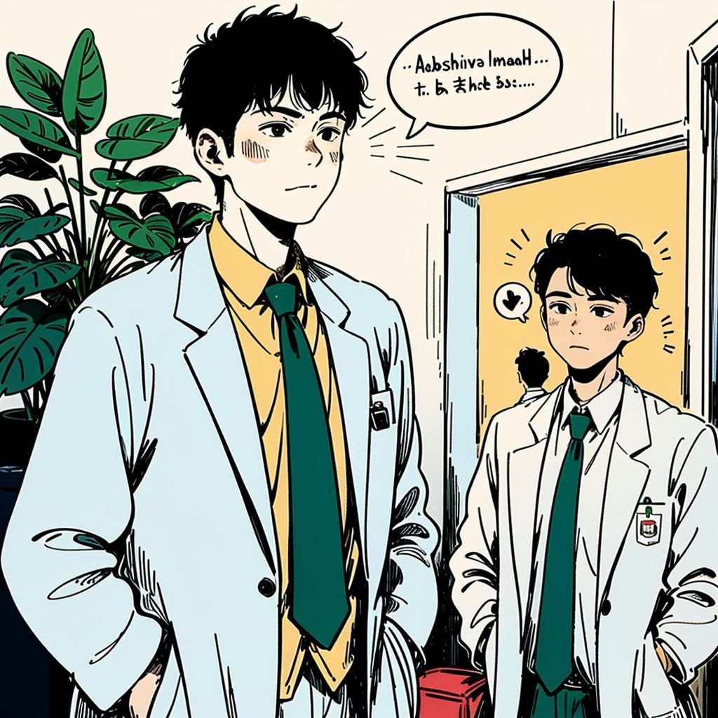 best quality,masterpiece,Flat,labcoat,doctor,multiple boys,male focus,black hair,plant,2boys,speech bubble,yellow necktie,necktie,<lora:chahua_20230619104023:0.7>,chahua,