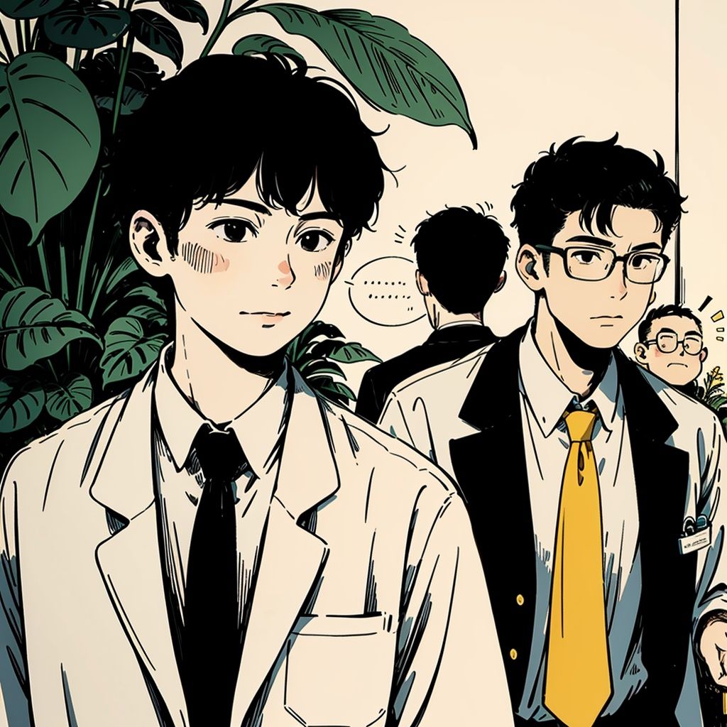 best quality,masterpiece,Flat,labcoat,doctor,multiple boys,male focus,black hair,plant,2boys,speech bubble,yellow necktie,necktie,<lora:chahua_20230619104023:0.7>,chahua,