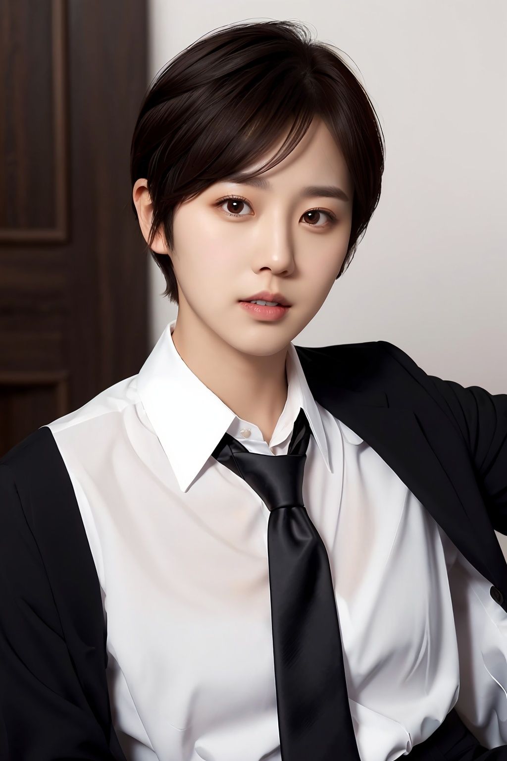 yx, necktie, shirt, 1girl, looking at viewer, parted lips, white shirt, realistic, brown hair, collared shirt, lying, on back, lips, short hair, black eyes, black necktie, 1boy