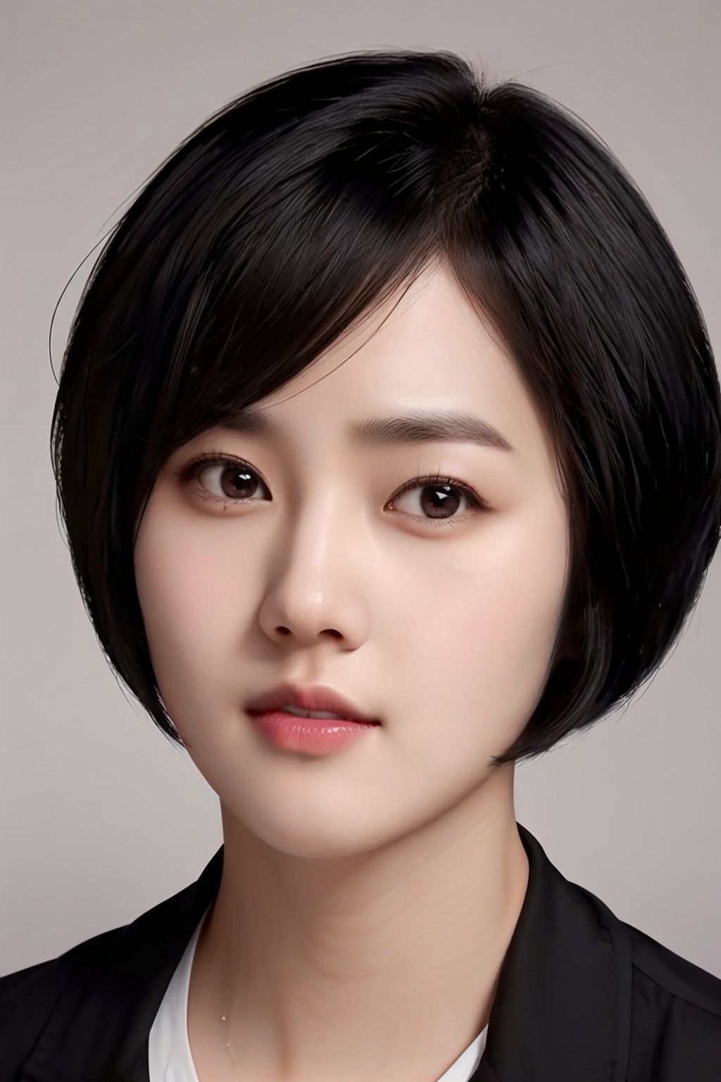 yx, 1girl, black hair, short hair, realistic, lips, solo, black eyes