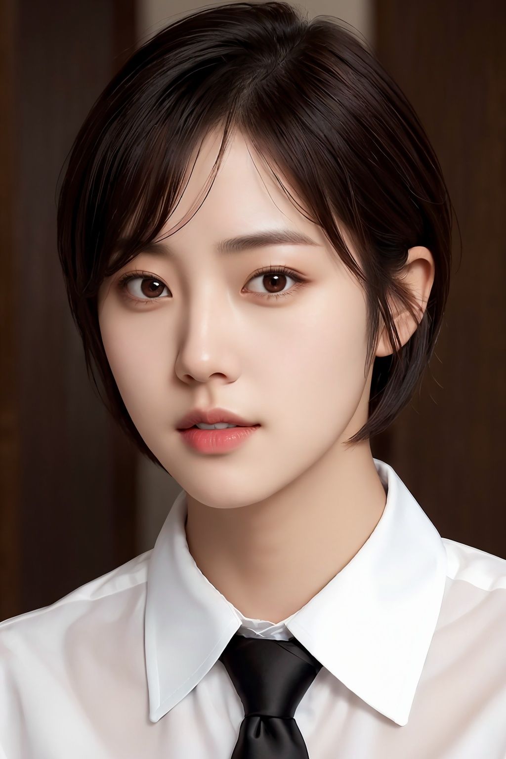 yx, necktie, shirt, 1girl, looking at viewer, parted lips, white shirt, realistic, brown hair, collared shirt, lying, on back, lips, short hair, black eyes, black necktie, 1boy
