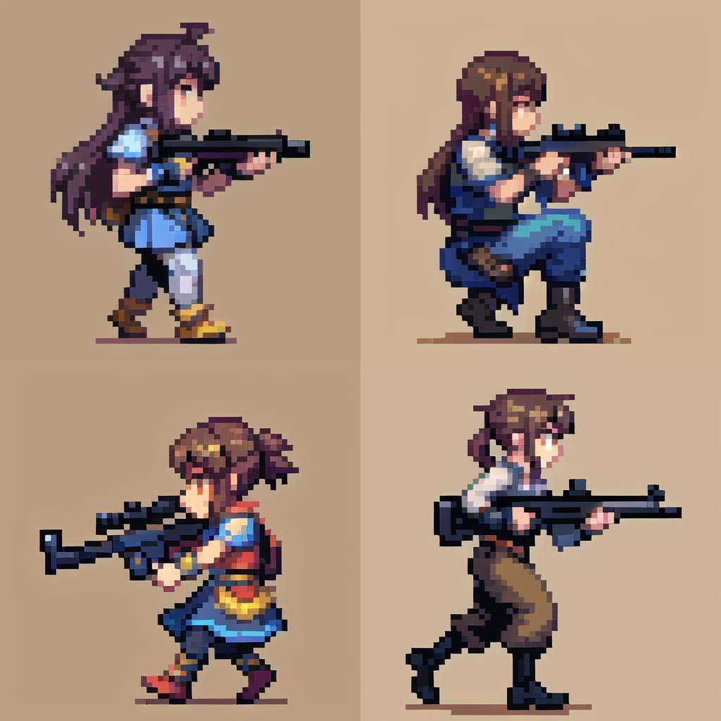 ((Side view)),pixel,pixel art,pixelart,xiangsu,xiang su,8bit,16bit,1girl,Raise the pistol to aim,full body,Solid background<lora:pixel (11):1>, masterpiece,best,quality