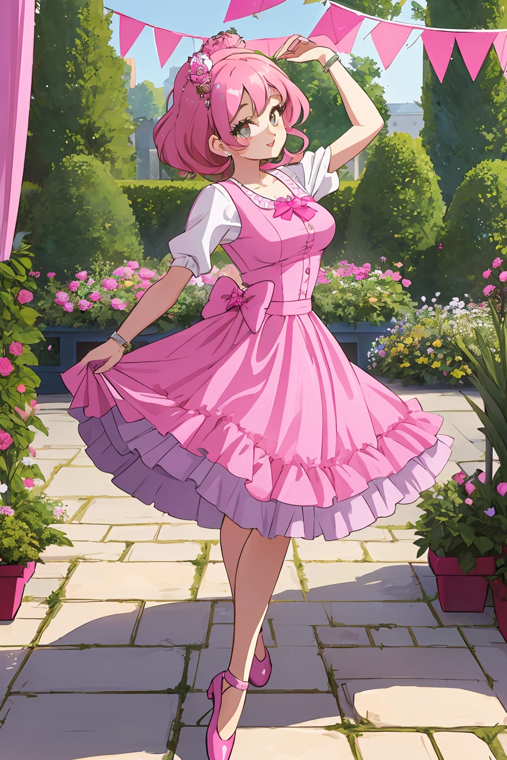 (hyper detailed),  Rosie's hobbies include exploring her town's gardens,  tending to her own pink-themed garden by mooyou...