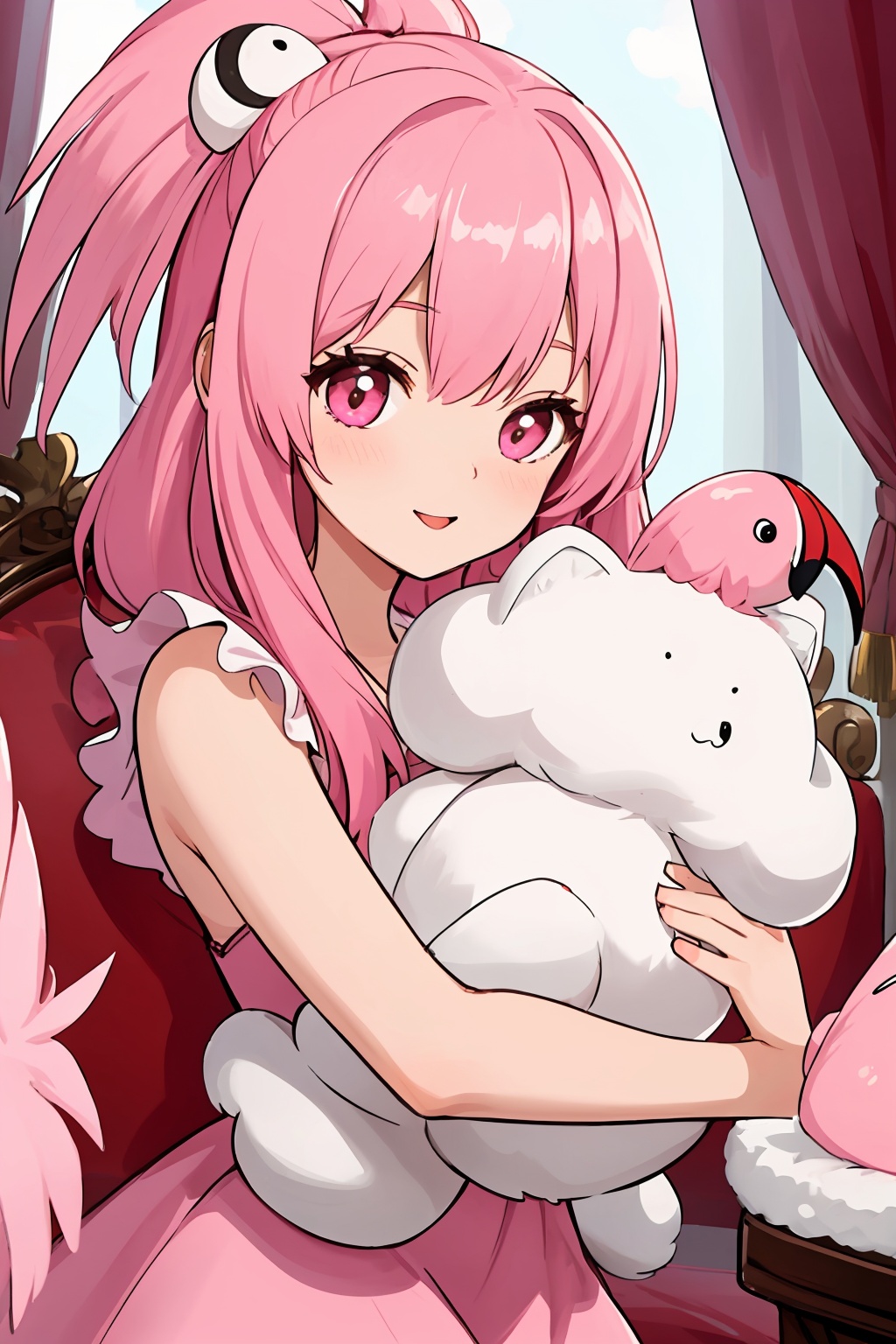 (hyper detailed),  Rosie is often accompanied by her energetic and affectionate pet flamingo named Fluff. Fluff's pink fea...