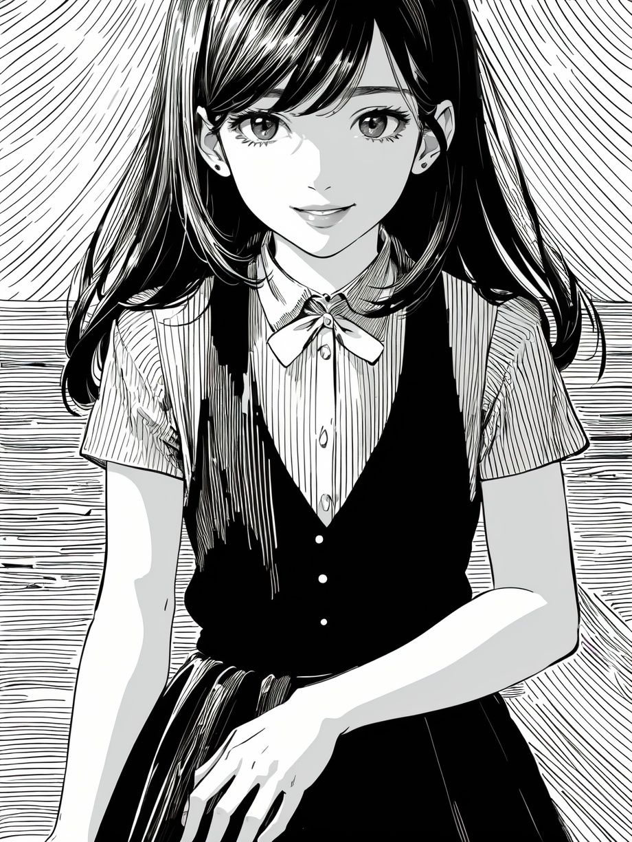 (((best quality,masterpiece,fine detailed,))),<lora:CJ BWD:0.8>,line,black and white painting,black and white line drawing,smooth lines,monochrome,a girl,kind_smile,smile,front,whole body,wearing a skirt,dynamic,, (best quality, high quality, masterpiece,),