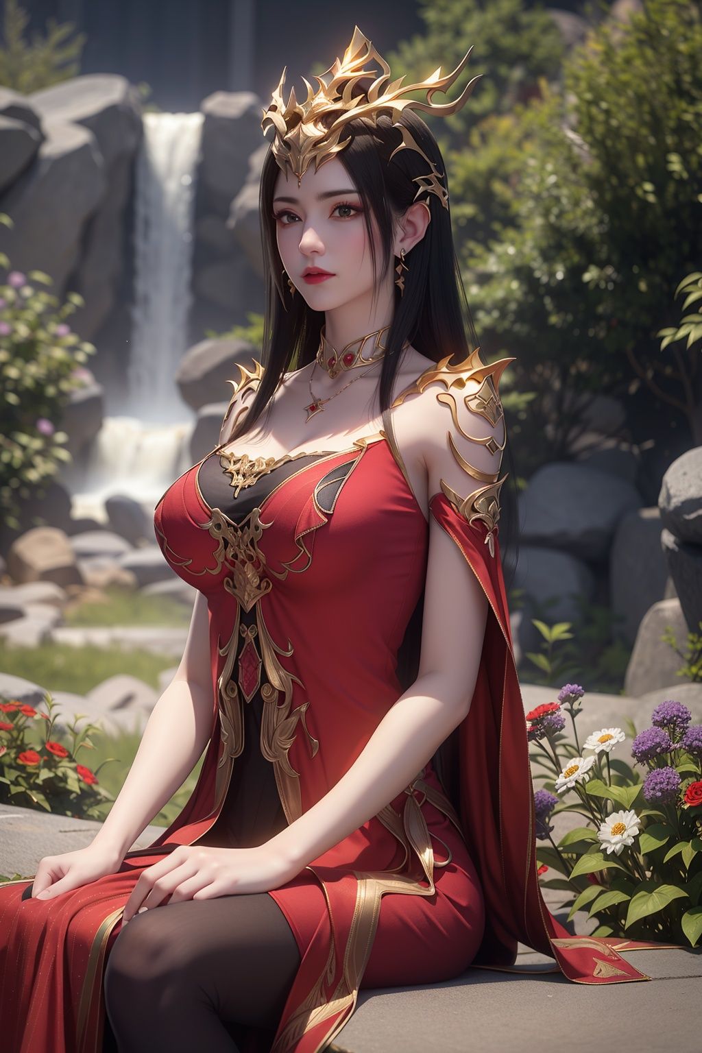 outdoors，(black hairs:1.0)，floating hair，blue sky，cloud,(arms at sides:1.0),(sitting:1.0),moons，waterfall，space,1girl, solo，(large breasts:1.0)，flowers，floating hair,(upper body:1.2)，garden,flowers,butterflies,red dress, dress, jewelry, solo, earrings, hair ornament, black hair, long hair, upper body, bare shoulders, necklace,looking at viewer，detail face,long legs,closed mouth， <lora:dingdang-meidushaXZ:0.55>