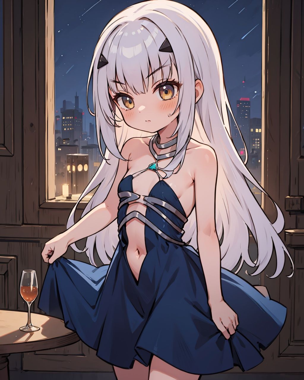 1girl,solo,,<lora:AK12EveningGown:1> ,evening gown,halterneck, small breasts,((loli)), standing,  night, glass table, , cowboy shot, arms at sides,  <lora:char-melusine:0.9>,long hair,long dress, 