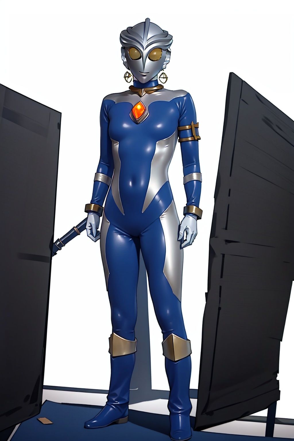 (masterpiece:1.3), (the best quality:1.2), (super fine illustrations:1.2), (Masterpiece), high quality, high detail,((white background:1.2)), looking at viewer, (SOLO:1.4),outline,,simple background,breasts, earrings,jewelry,glowing, armor,helmet,blue footwear,blue tight-fitting,silver pattern on body,bodysuit,gem,plugsuit,mask,cover,logo,boots,gloves,blue legwear,blue gloves,blue bodysuit,leather suit,latex