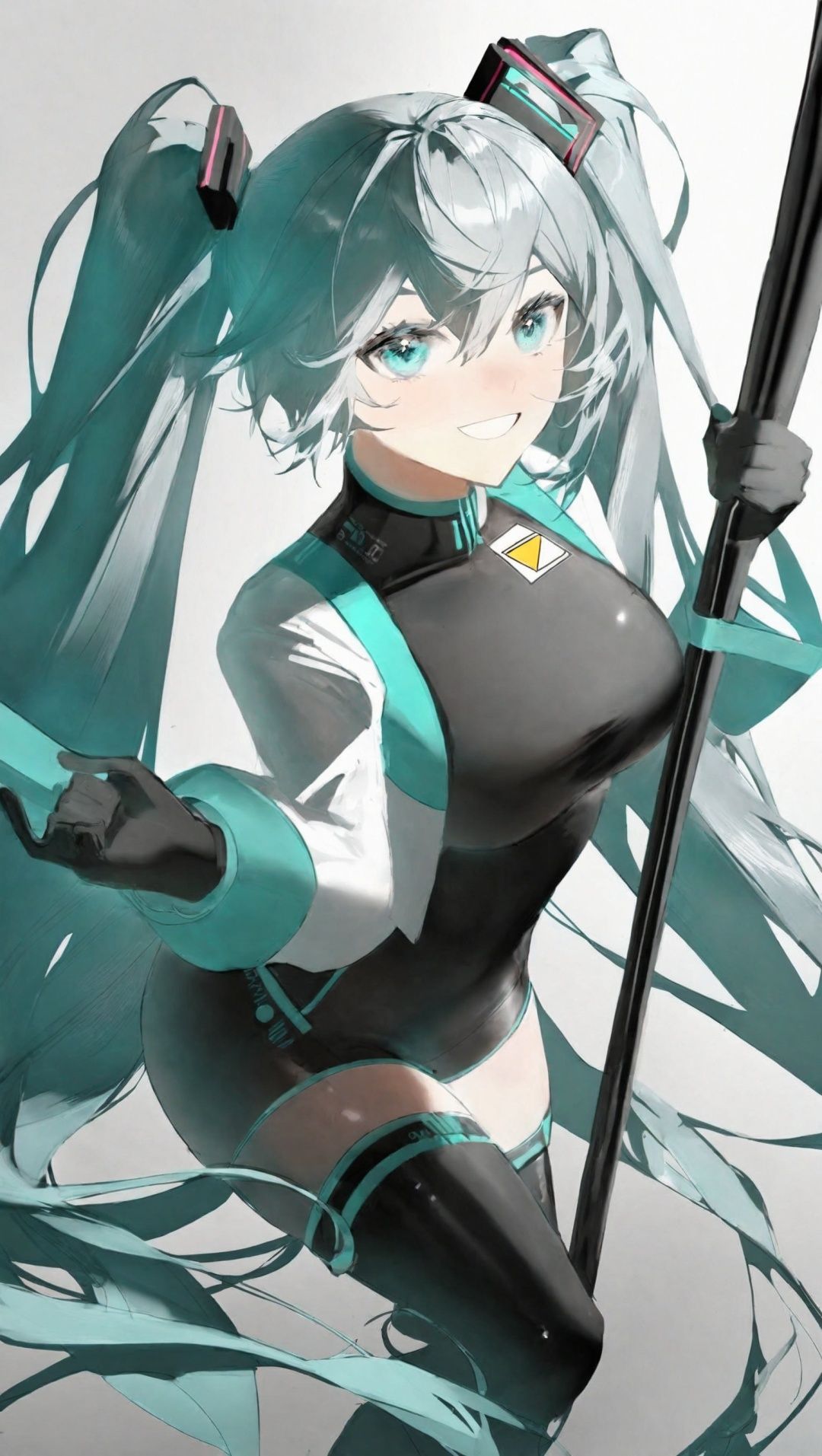 by glutton, best quality, masterpiece, pseudo impasto, hatsune miku, racing miku, 1girl, solo, long hair, very long hair, holding, bodysuit, twintails, flag, thighhighs, gloves, black bodysuit, holding flag, aqua hair, single thighhigh, aqua eyes, looking at viewer, absurdly long hair, jacket, full body, simple background, white jacket, cropped jacket, two-tone gloves, boots, long sleeves, bangs, smile, hair between eyes, pole, thigh boots, asymmetrical legwear, white background, green gloves, black gloves, smiley face, grey background, closed mouth