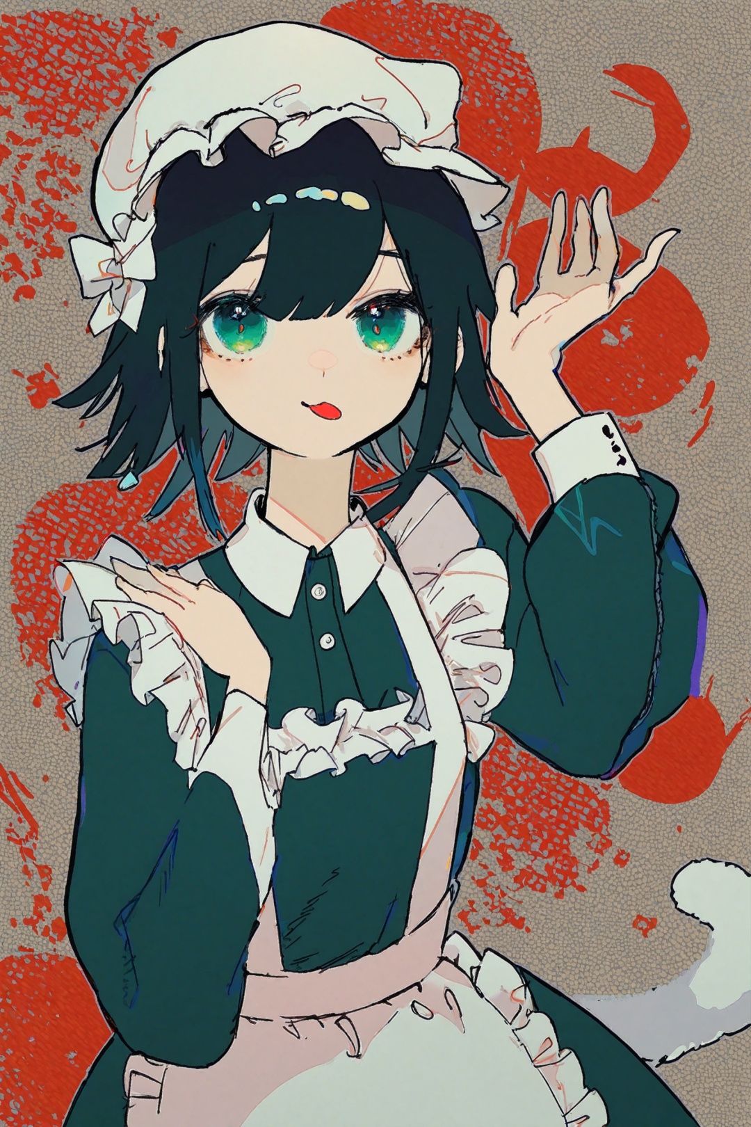 by sannso, best quality, masterpiece, 1girl, solo, animal ears, tail, apron, maid, maid apron, looking at viewer, long sleeves, hand up, collared dress, black hair, hat, dress, blood, hair between eyes, frilled apron, green eyes, mob cap, tongue, bangs, frills