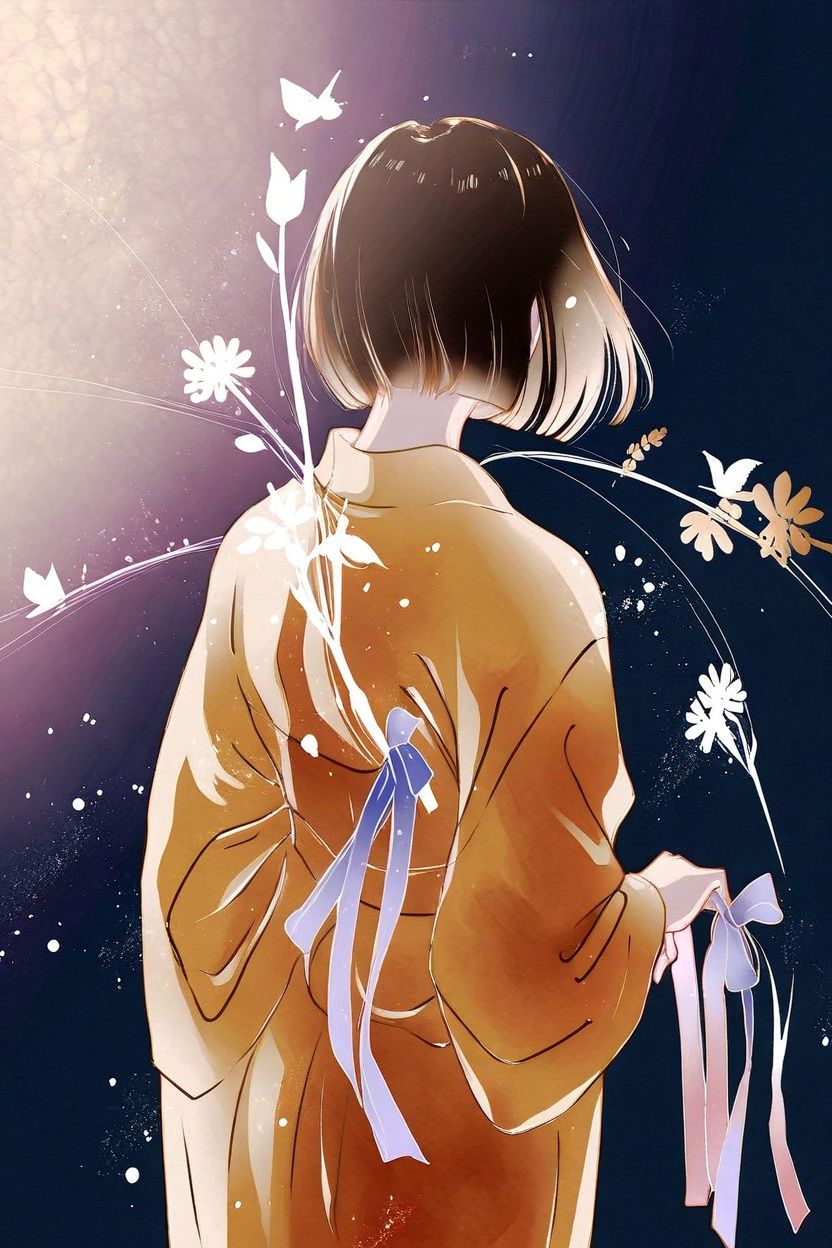 by ajimita, 1girl, beautiful shojo, solo, black hair, brown eyes, short hair, kimono