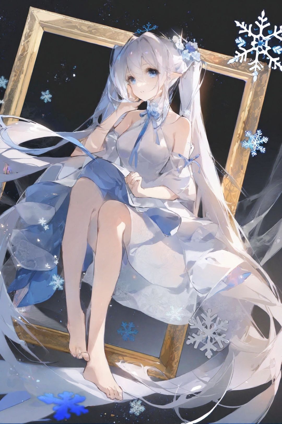 by ruoganzhua, by kana dfy, best quality, masterpiece, aesthetic, pseudo impasto, 1girl, long hair, blue eyes, solo, dress, white dress, breasts, flower, white hair, snowflakes, looking at viewer, hand up, pale skin, bare shoulders, very long hair, feet out of frame