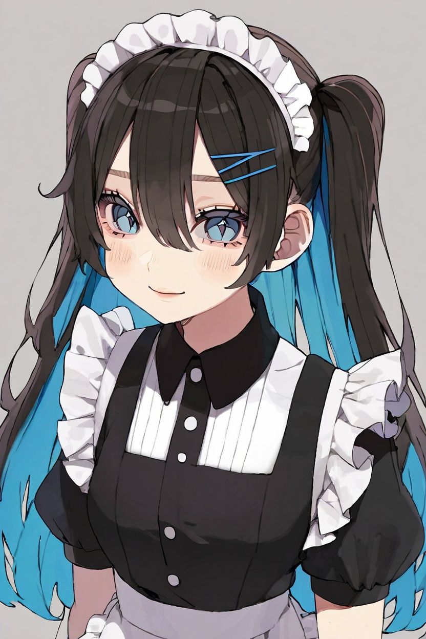 by nezukonezu32, flat color, 1girl, solo, hair ornament, colored inner hair, black hair, hairclip, upper body, apron, long hair, hair between eyes, closed mouth, smile, multicolored hair, blue eyes, grey background, maid, bangs, blue hair, two-tone hair, frills, two side up, white apron, black dress, buttons