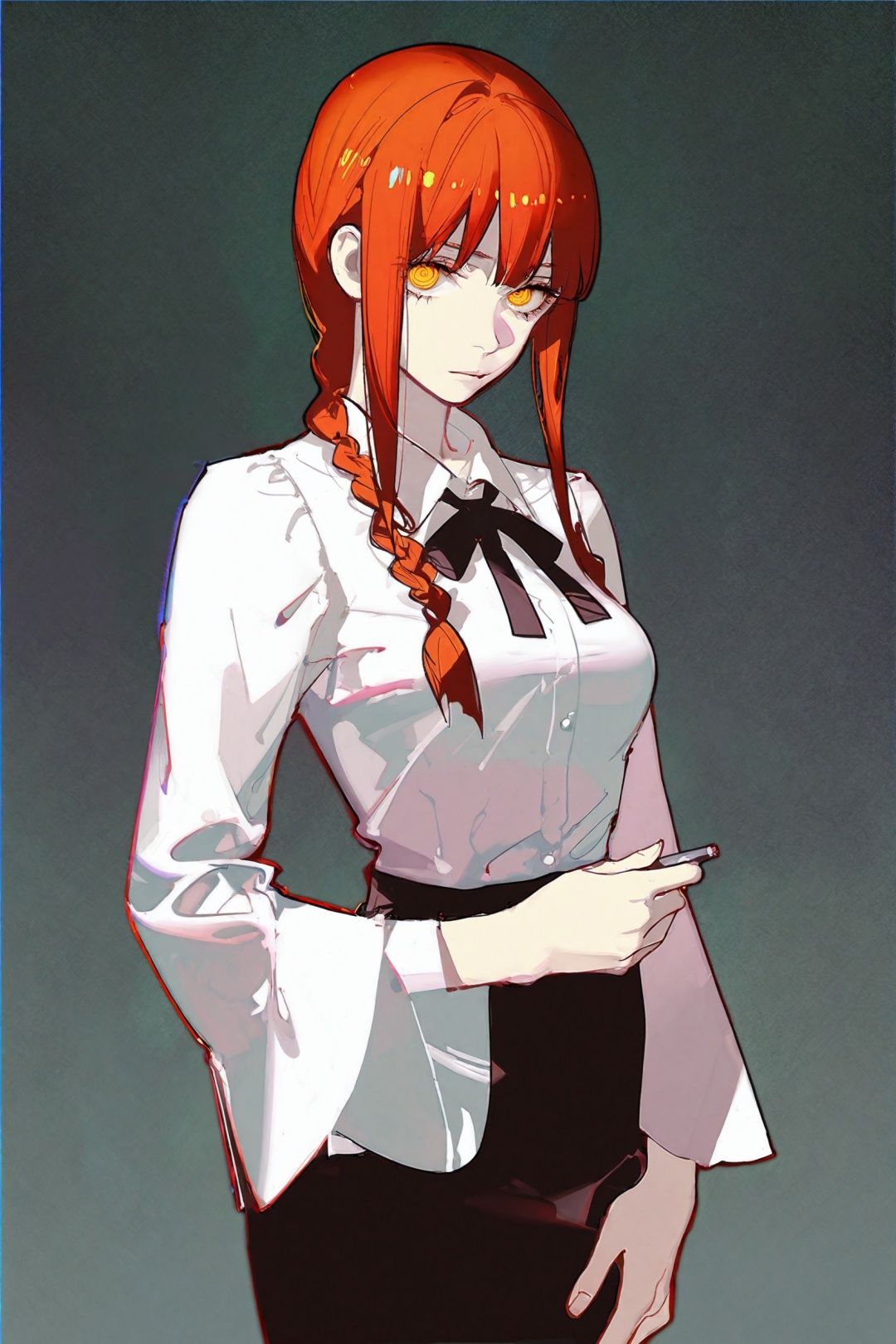 by ask, best quality, masterpiece, pseudo impasto, makima \(chainsaw man\), 1girl, braid, looking at viewer, ringed eyes, shirt, braided ponytail, holding, red hair, bangs, yellow eyes, white shirt, black background, breasts, long hair, collared shirt, sidelocks, long sleeves, medium breasts, solo focus