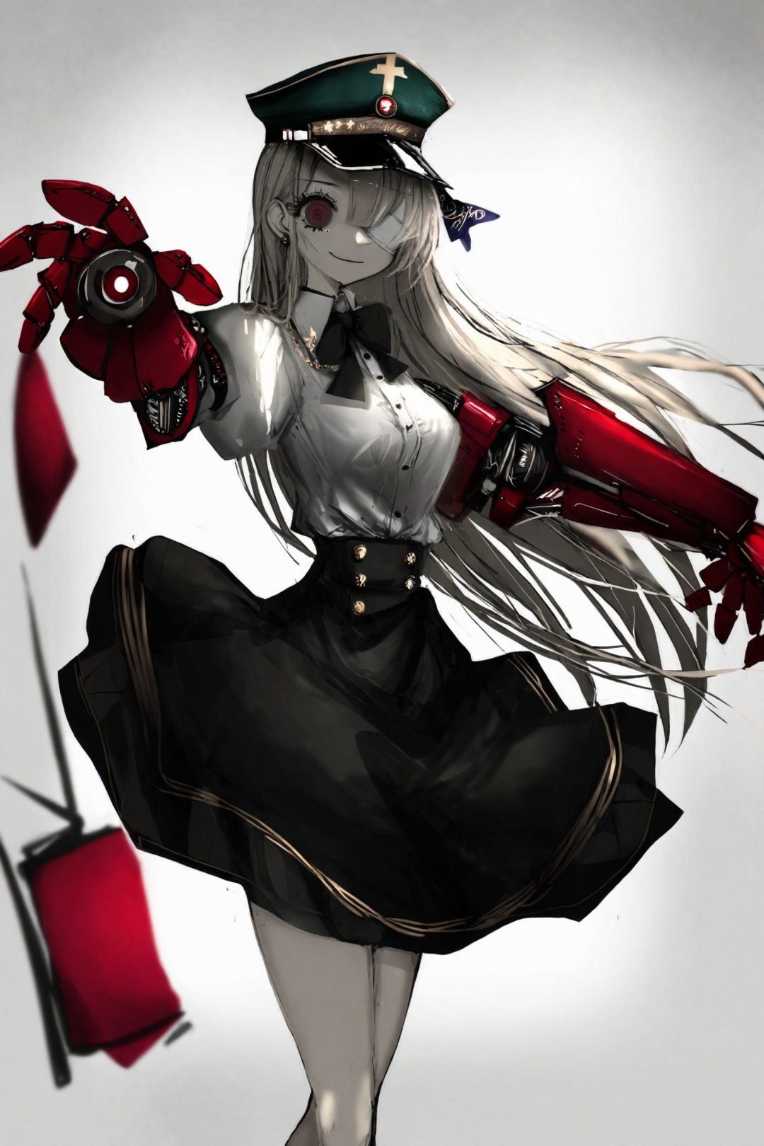 best quality, masterpiece, by narue, 1girl, hat, solo, long hair, white background, eyepatch, mechanical arms, bow, simple background, black bow, looking at viewer, black headwear, red eyes, single mechanical arm, skirt, prosthesis, shirt, smile