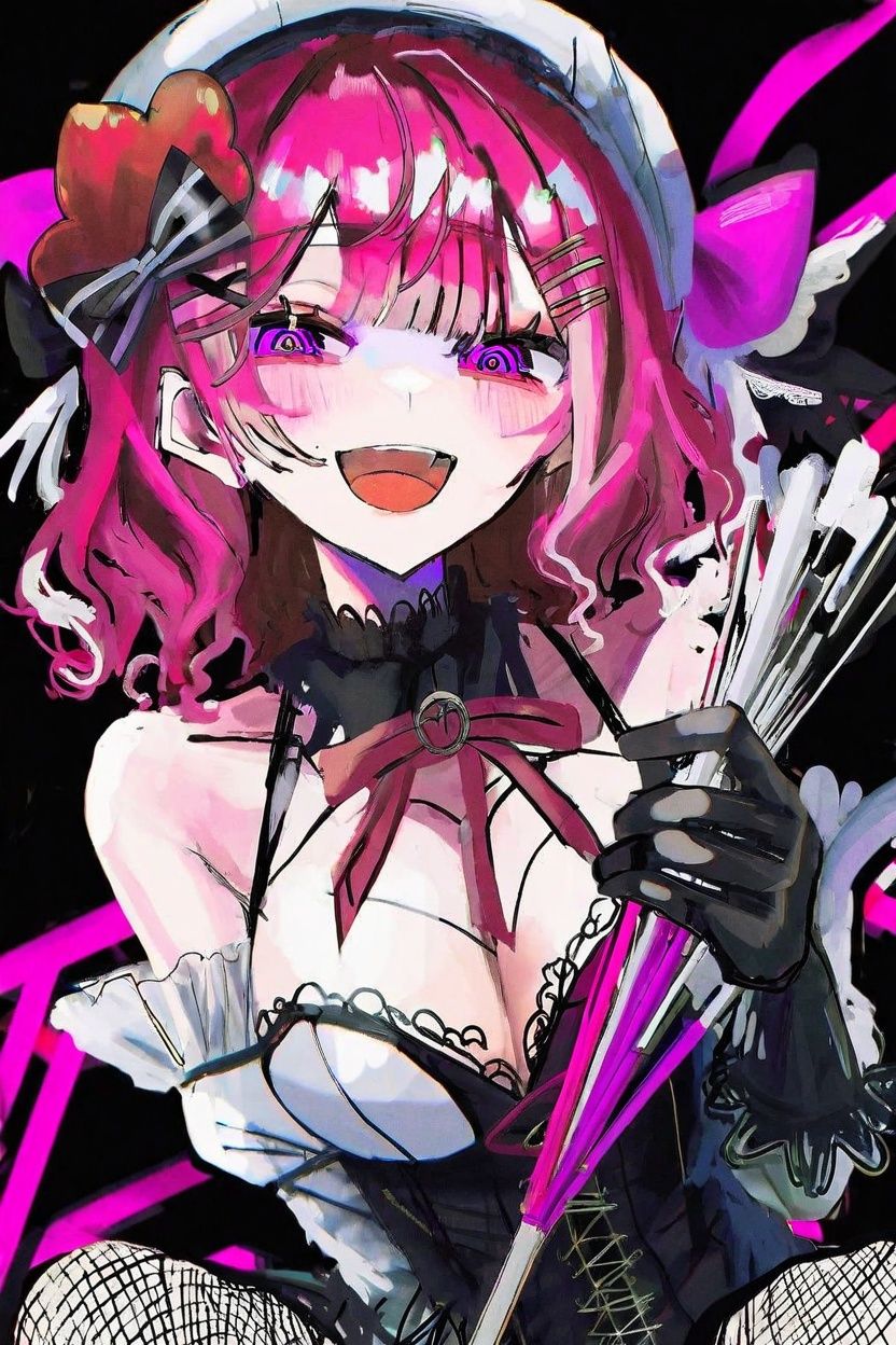 by ziyun, best quality, masterpiece, pseudo impasto, 1girl, solo, holding, fishnets, pink hair, fishnet pantyhose, gloves, hair ornament, pantyhose, pink eyes, smile, medium hair, black gloves, open mouth, bangs, black background, detached sleeves, hat, hairclip